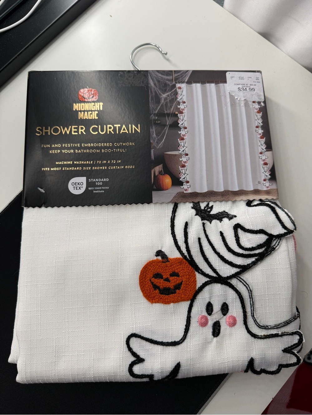 Midnight Magic Halloween Shower Curtain Embroidered Cutwork Ghost Pumpkin 72x72